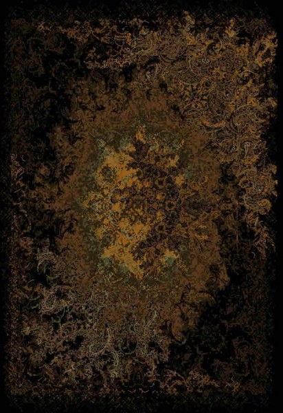 Persischer Designerteppich aus Wolle und Seide handgeknüpft, schwarz mit goldfarbenem Medallion, Draufsicht