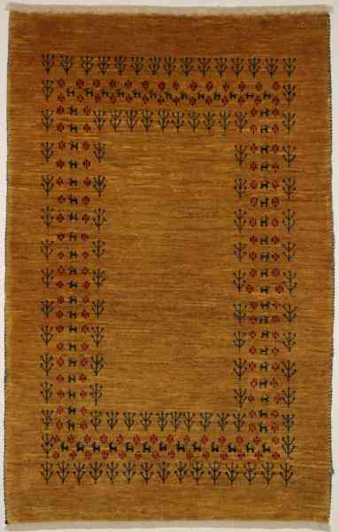 Perserteppich Rizbaft, handgeknüpfter Gabbeh aus Südpersien, gelbgrundig, 90 x 138 cm, Draufsicht