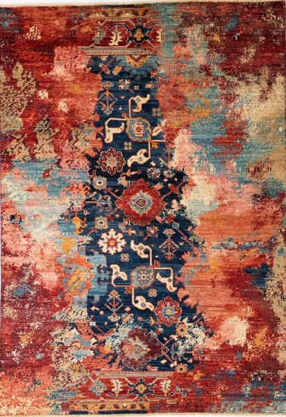 Afghan Teppich Glow, handgeknüpftes Unikat, reine Schurwolle, 143 x 202 cm, Draufsicht