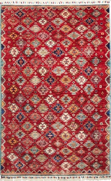 Afghan Teppich Samarkand, handgeknüpft aus Schurwolle, 102 x 149 cm, rot, Draufsicht