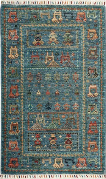 Afghanteppich Rubin Türkis, handgeknüpfter Wollteppich, mehrfarbig, 077 x 122 cm, Draufsicht