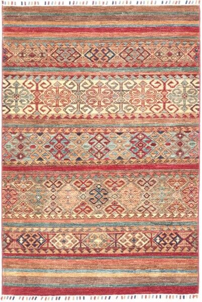 Afghanteppich Samarkand Striped, Schurwolle, handgeknüpft, 102 x 150 cm, mehrfarbig, Draufsicht