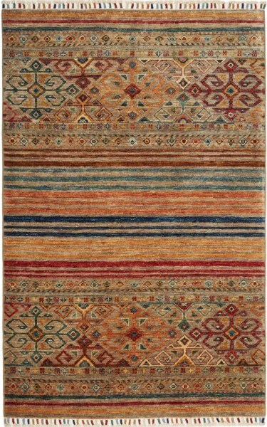 Afghanteppich Rubin Stripes, handgeknüpft aus Schurwolle, 098 x 151 cm, mehrfarbig, Draufsicht