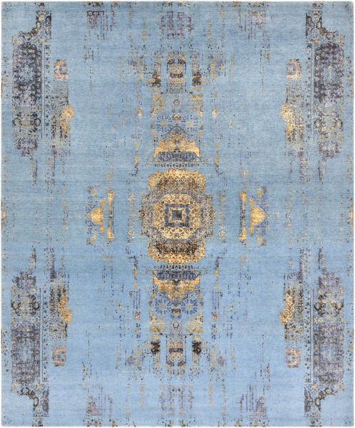 Indischer Teppich Persimo Premium blue im Vintage Stil, handgeknüpft aus Wolle und Bambusseide, Draufsicht