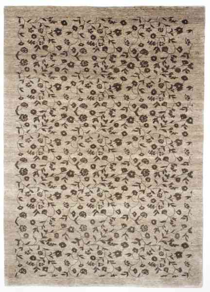 Handgeknüpfter Natur-Pur Teppich mit floralem, braunem Muster auf beigem Grund, Draufsicht