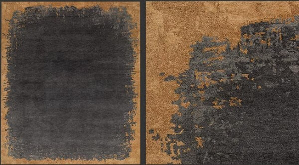 Makalu Domus MD 379, Nepalteppich aus Schurwolle & Seide, gold/anthrazit/grau, linke Bildhälfte Draufsicht, rechte Bildhälfte Detailansicht