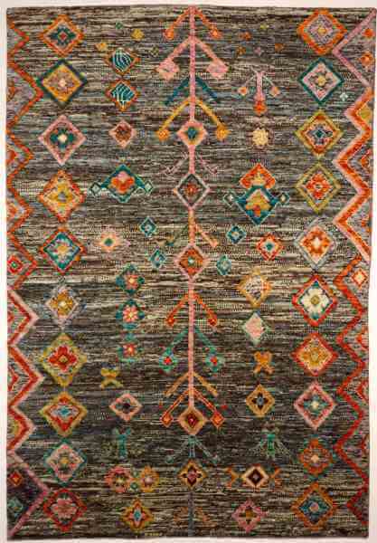 Afghanischer Teppich aus Gazniwolle mit buntem marokkanischem Design von Hand geknüpft, Draufsicht
